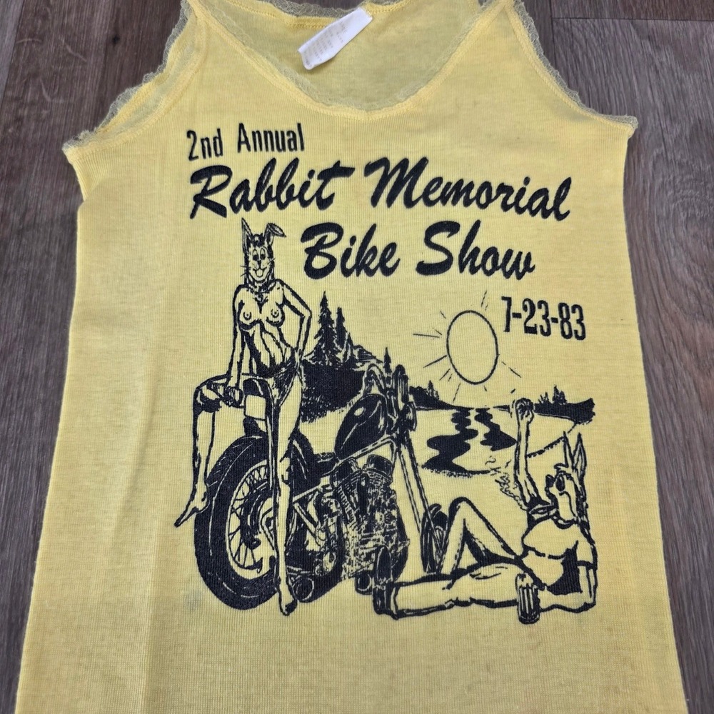 Vintage 1983 Rabbit Memorial Bike Show Yellow Graphic Lace Camisole Tank XL - Picture 7 of 8
